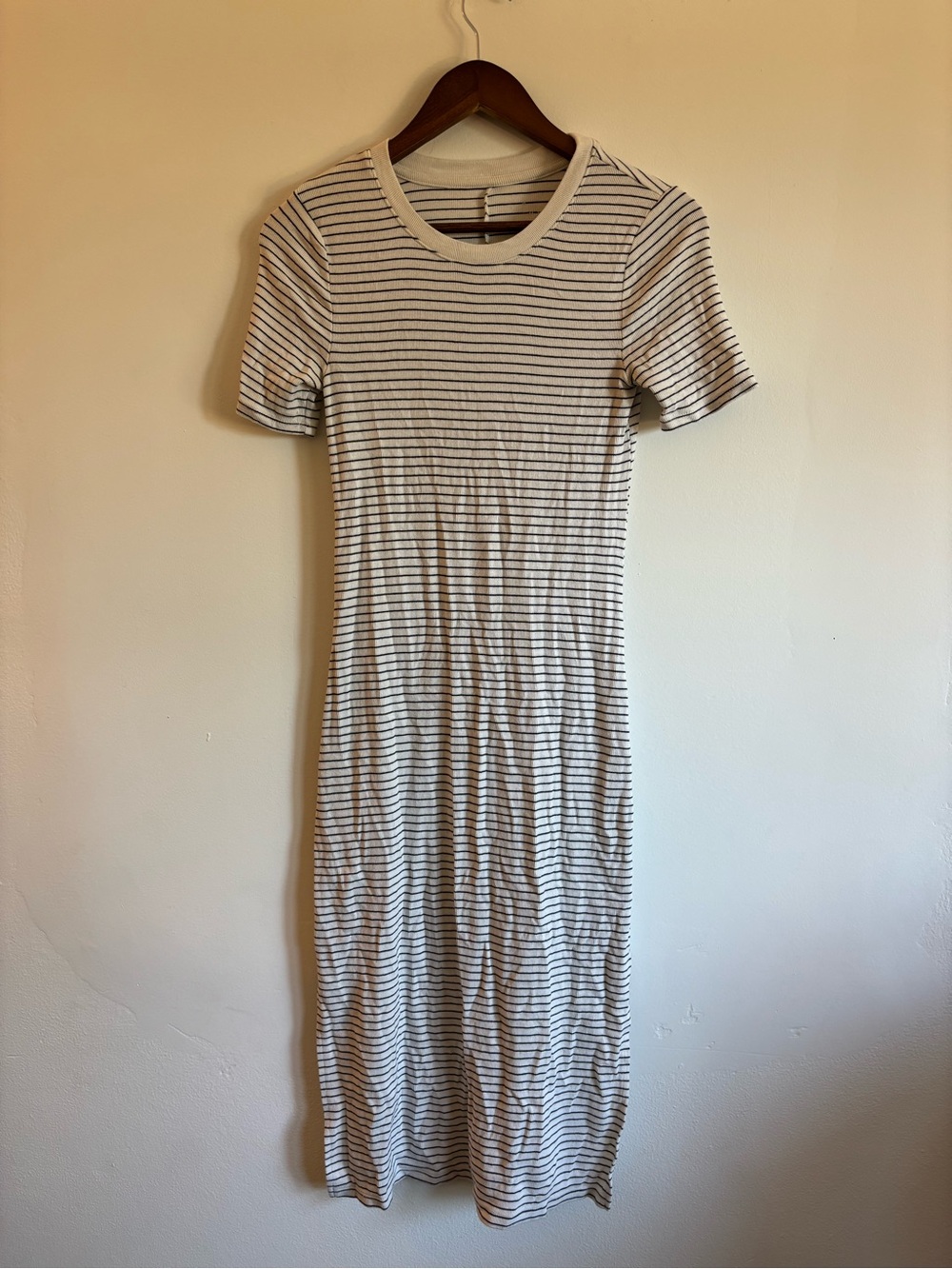 Striped Short-Sleeve Maxi Dress in Cream and Black